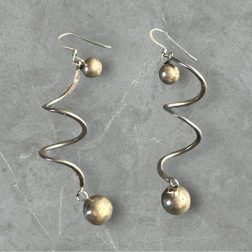 Vintage sterling silver hand forged spiral swirl drop earrings 2.5 inches long